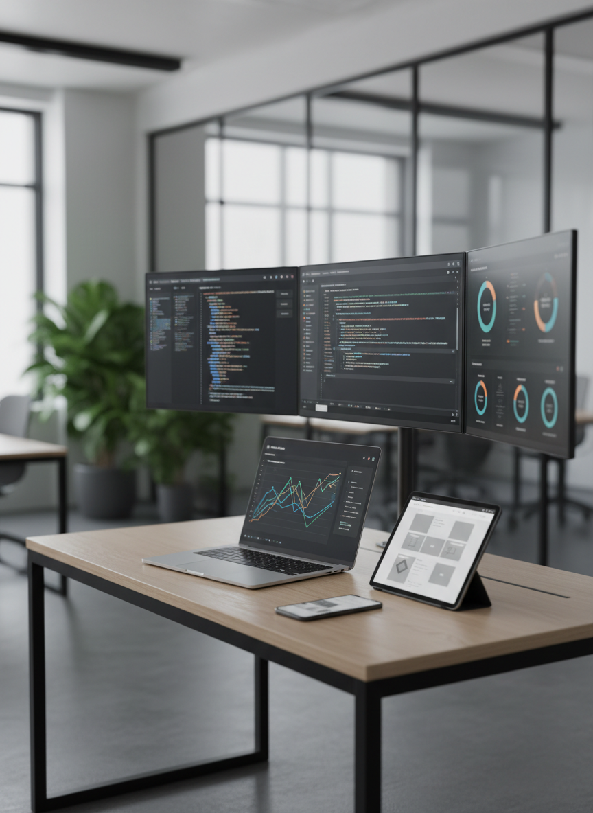A sleek, ultra-modern workspace without any people, where collaboration between startups and vetted specialists is represented through objects and screens. Multiple high-resolution monitors display abstract dashboards of marketing analytics and clean lines of code, with color-coded graphs and interface elements suggesting active projects. A minimalist black and ash-wood desk holds a slim laptop, a tablet with a wireframe of a website, and a phone showing campaign metrics. Soft, diffused daylight from a large unseen window creates gentle reflections on the matte surfaces, while subtle bokeh blurs a backdrop of glass partitions and plants. Shot at eye level with photographic realism and a shallow depth of field, the mood is sophisticated, focused, and quietly energetic, embodying managed services that feel organized and under control.