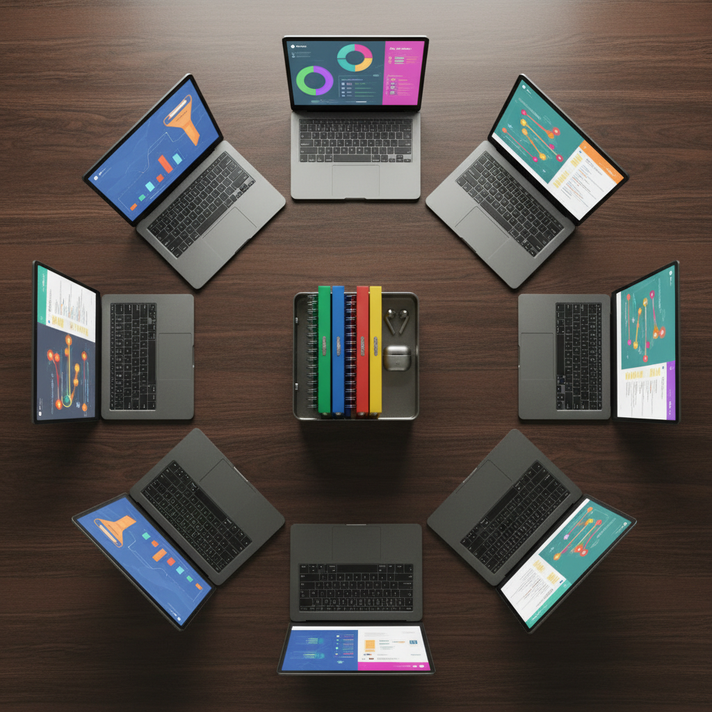 An elegant overhead view of a large, dark walnut table arranged like a project command center, with no people present. Laptops, tablets, and ultra-thin monitors form a neat ring, each screen showing different aspects of a startup’s growth journey: marketing funnels, A/B test dashboards, product roadmaps, and sprint boards rendered as colorful, abstract UI. In the center, a refined metal organizer holds color-coded notebooks and wireless earbuds, suggesting structured communication. Soft, balanced studio lighting creates crisp shadows and subtle highlights on the brushed-metal devices. The composition uses a perfectly symmetrical, bird’s-eye layout with sharp focus throughout, creating a highly organized, sophisticated atmosphere that visually represents The Creww orchestrating marketing and tech specialists around a startup’s needs.