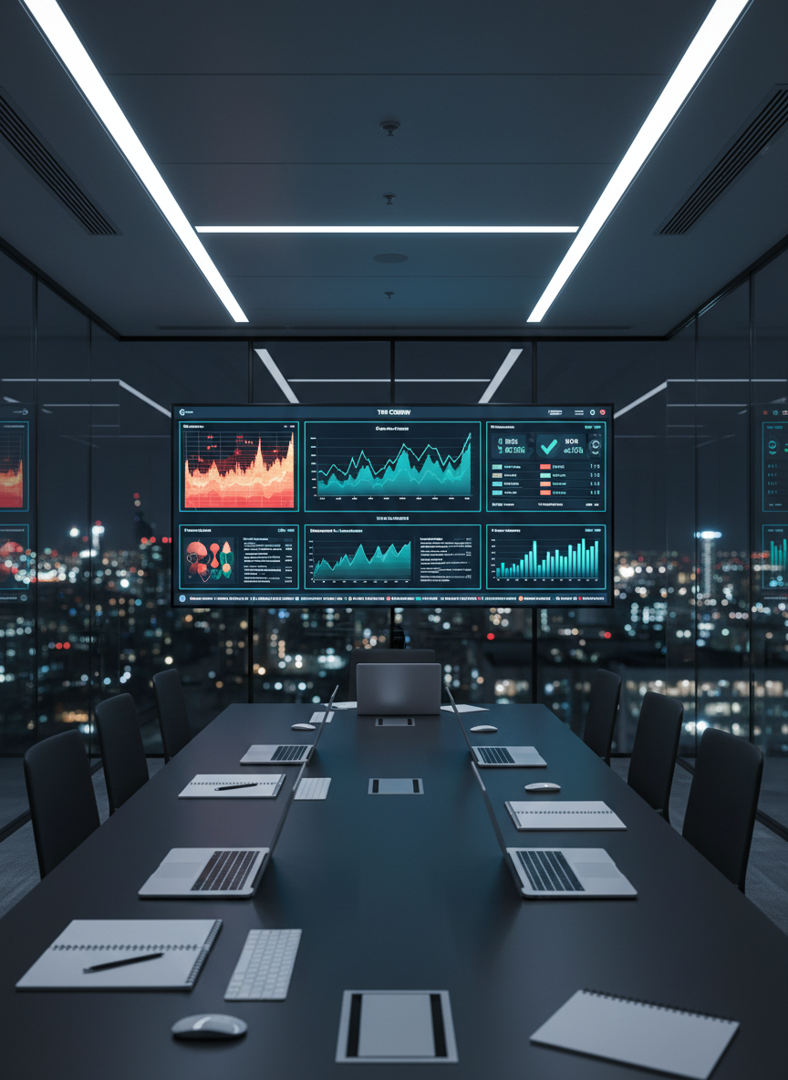 A refined, glass-walled startup “war room” at night, entirely empty of people, where coordinated marketing and technology work is symbolized through a wall-sized digital display. The screen shows an integrated view of campaign performance, user behavior heatmaps, and server uptime metrics, all in a cohesive, polished interface. A long, charcoal conference table with neatly aligned laptops, wireless keyboards, and notebooks reflects soft, cool-toned LED ceiling lights. Outside the glass, the city skyline is softly blurred, with bokeh from distant office towers. The image is shot from a slightly elevated angle with photographic realism, capturing a calm yet intensely capable mood, emphasizing accountability and oversight as if The Creww is quietly supervising every detail behind the scenes.